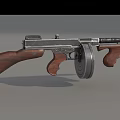 Vintage Submachine Gun With Wooden Stock Metal Body And Drum Magazine