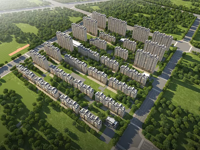 Aerial View Planning of Modern Residential Complex With Arranged Buildings Green Areas and Surrounding Roads 3d model