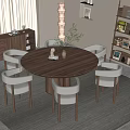 Modern Round Wooden Dining Table Set With Six White Upholstered Chairs