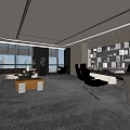 Modern Office Interior Design With Large Windows Bookshelves Sofa Desk And Gray Carpet