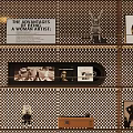 Decorative Ornaments Collection on Grid Design Display Shelves with Vintage Vinyl Records Trophies and Lighting
