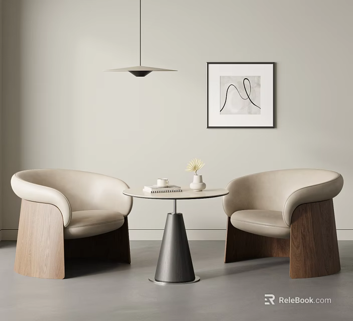 Accent Chairs with Cream Upholstery Wooden Legs Round Table Abstract Wall Art and Pendant Light 3d model 