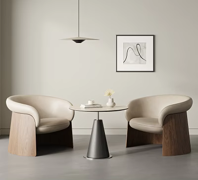 Accent Chairs with Cream Upholstery Wooden Legs Round Table Abstract Wall Art and Pendant Light 3d model