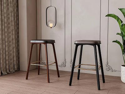 Two Modern Bar Stools With Dark Wood Black Legs And Metal Bars In Minimalist Interior 3d model