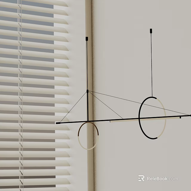Modern Geometric Chandelier With Circular Rings And Black Frame By Window Blinds 3d model 