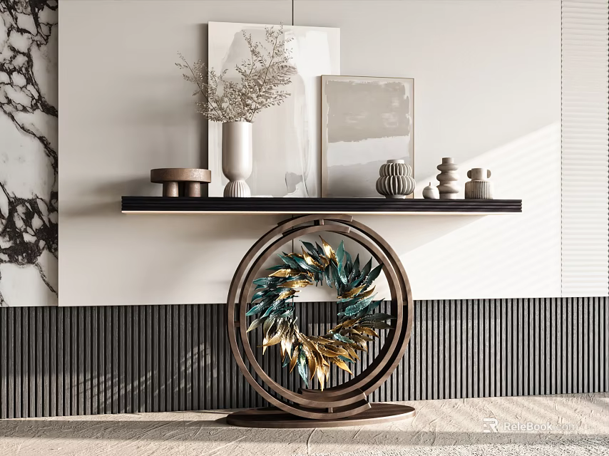 Modern Entryway Console Table With Artistic Base Decorative Vase And Dried Plants 3d model