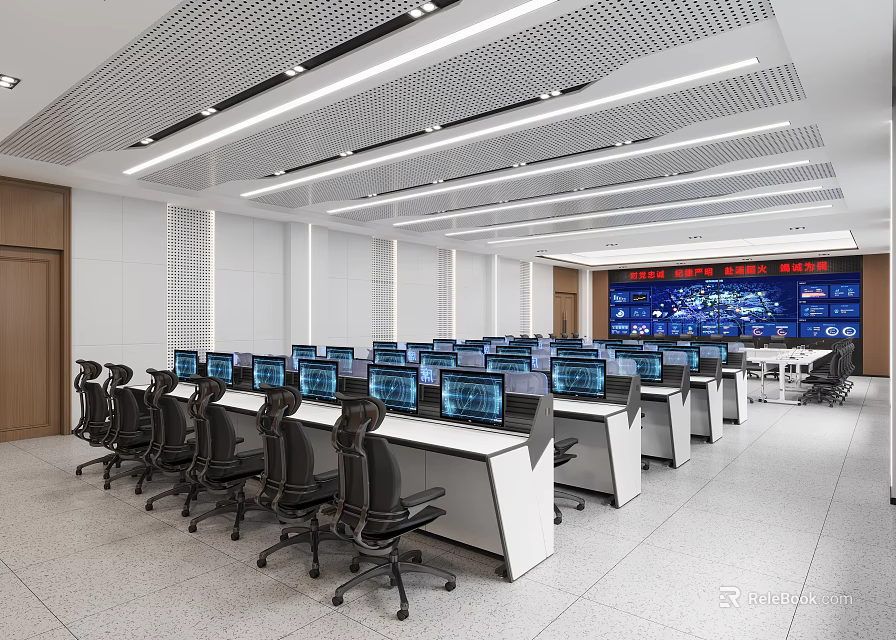 Modern Monitoring Room With Workstations Multiple Monitors And Large Screen 3d model 