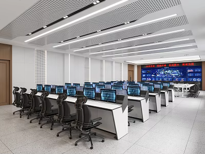 Modern Monitoring Room With Workstations Multiple Monitors And Large Screen 3d model