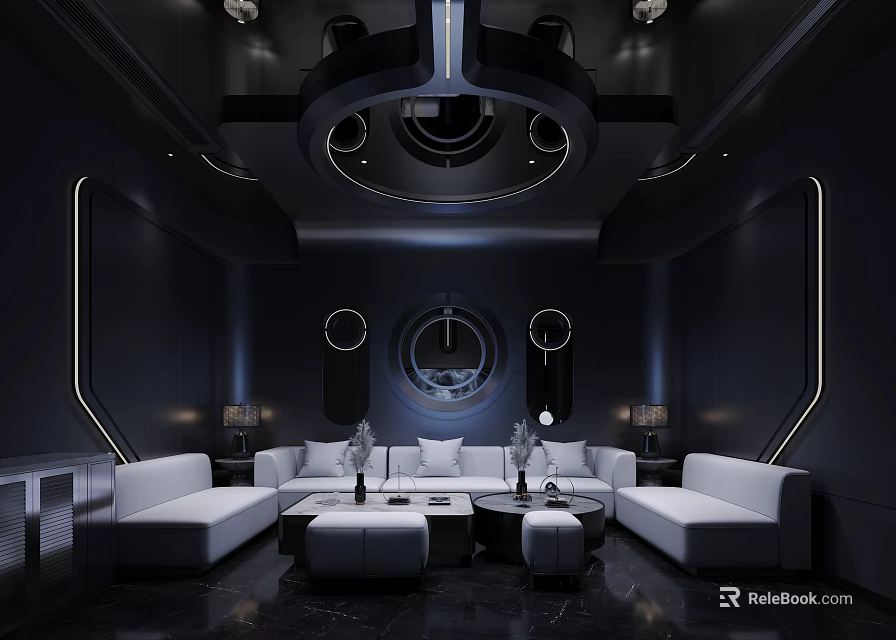 Hi Tech Modern KTV Interior With White Sofas And Lights 3d model 
