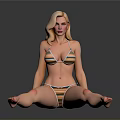 Blonde Woman Wearing Striped Bikini Sitting on Black Floor with Gray Background