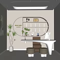 Modern Office Interior Featuring Round Display Shelf Wall Painting Green Plant White Desk Round Stools