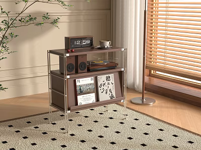 Modern Metal Frame Decorative Cabinet With Radio Magazines And Plant Near Window Blinds 3d model