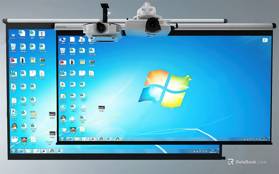 Projection Monitoring System with Surveillance Camera Mounted on Ceiling and Display Screen Showing Windows Interface 3d model 