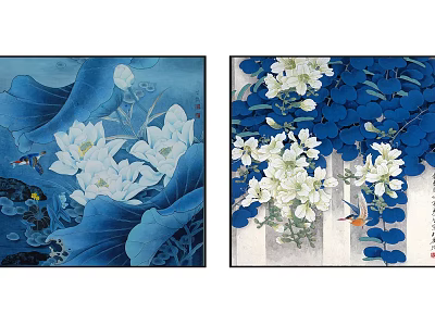 Botanical Paintings Featuring White Lotus Blue Leaves Fish White Blooms Vines Birds on Blue Background 3d model