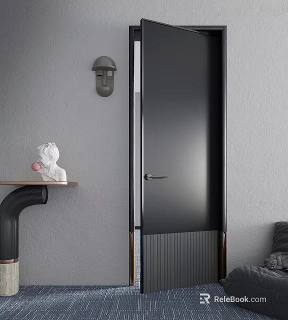 Black Swing Door In Modern Room With Gray Wall White Statue And Black Pipe 3d model 
