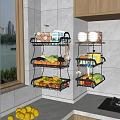Kitchen Wall Mounted Metal Shelves With Fruits Vegetables Bowls And Jars