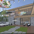 Courtyard Garden with Painted Umbrellas Wooden Roof Stone Path and Lawn Furniture