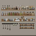 Organized Kitchen Shelves With Various Jars Dry Goods Spices Plates Cups Hanging Spoons And Utensils