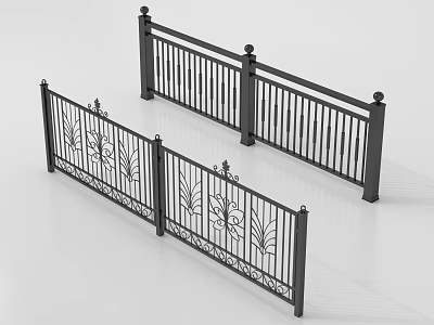 Decorative Black Wrought Iron Railings With Floral Patterns And Vertical Bars 3d model