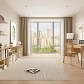 Cozy Study Room Interior Design With Wooden Desk Chair Bookshelves Rug And City View