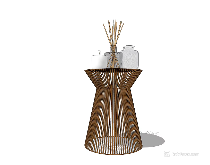Brown Woven Round Side Table With Reed Diffuser And Decorative Bottles 3d model