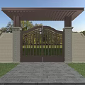 Elegant Iron Entrance Gate With Decorative Design Stone Walls And Canopy Above Stone Pathway