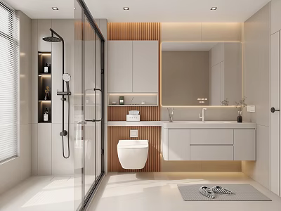 Modern Bathroom Interior With Glass Shower Partition Wall Mounted Toilet Vanity And Mirror 3d model