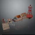 Construction Scene Components With Red Tower Wooden Roof Bricks And Columns