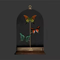 Decorative Ornament Set with Glass Dome and Butterfly Decorations on Copper Base