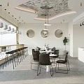Modern Dessert Shop Interior With Counter Display Shelves Tables Chairs And Hanging Lights