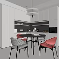 Elegant Modern Restaurant Interior With Round Dining Table Red Chairs And Pendant Lighting 3d model