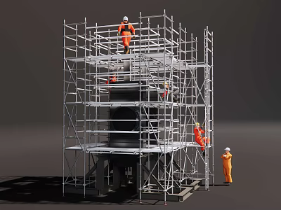 Scaffolding Structure For Construction Site With Workers In Safety Gear 3d model