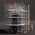 Scaffolding Structure For Construction Site With Workers In Safety Gear