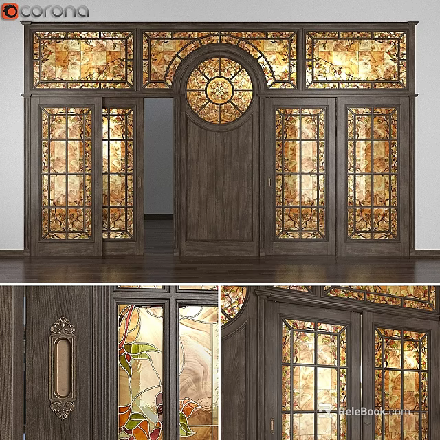 Vintage Stained Glass Wooden Doors With Intricate Patterns And Decorative Windows 3d model 