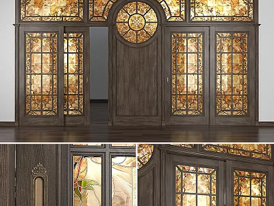 Vintage Stained Glass Wooden Doors With Intricate Patterns And Decorative Windows 3d model