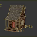Rustic Wooden Log Cabin With Shingle Roof Red Door Lit Window Porch And Fence
