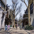 Traditional Commercial Street Landscape With Ancient Architecture Stone Pavement Trees And Pedestrians