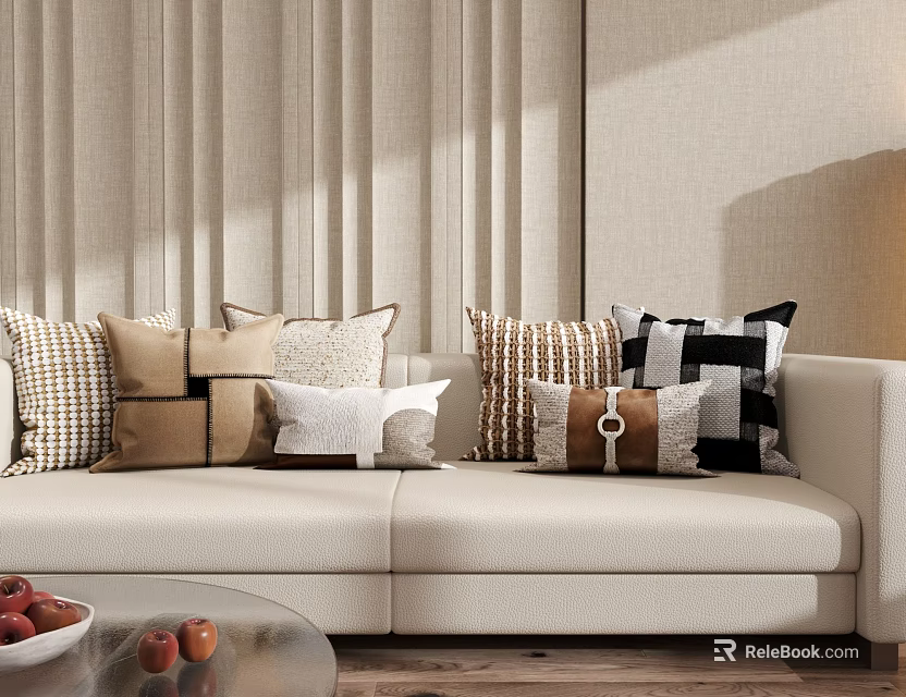 Modern Decorative Throw Pillows Featuring Geometric Striped And Solid Patterns On Beige Sofa 3d model 