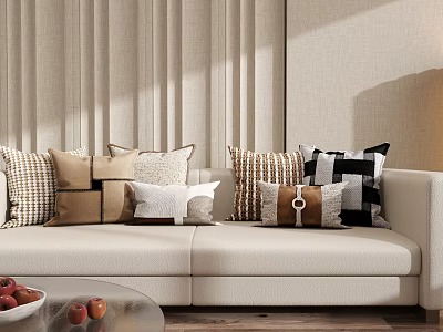 Modern Decorative Throw Pillows Featuring Geometric Striped And Solid Patterns On Beige Sofa 3d model