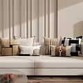 Modern Decorative Throw Pillows Featuring Geometric Striped And Solid Patterns On Beige Sofa 3d model
