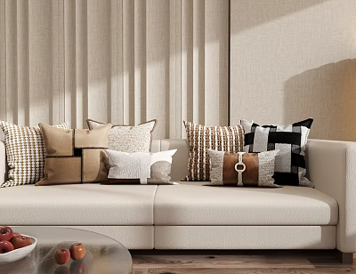 Modern Decorative Throw Pillows Featuring Geometric Striped And Solid Patterns On Beige Sofa 3d model