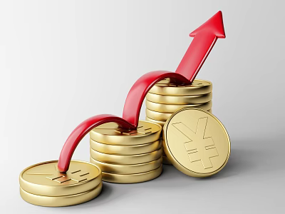 Trendy Gold Coin Jewelry Featuring Stacked Design Red Upward Arrow And Yen Symbol 3d model