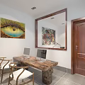 Chinese Style Reception Area With Wooden Bar Counter Lattice Windows And Dining Seating