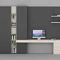 Modern Bookcase Design With Desk Computer And Wall Shelves Holding Books