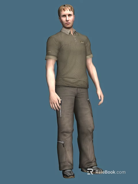 Game and Movie Character Wearing Olive Green Short Sleeve Shirt Brown Cargo Pants Holding Tool 3d model 