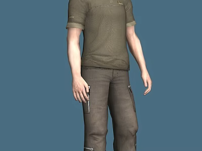 Game and Movie Character Wearing Olive Green Short Sleeve Shirt Brown Cargo Pants Holding Tool 3d model