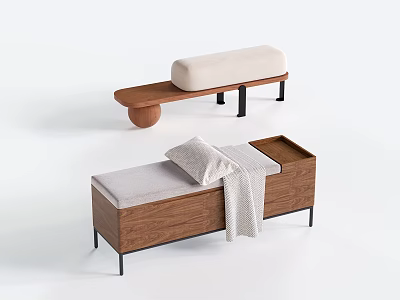 Modern Upholstered Bench With Wooden Frame Light Gray Cushion And Black Metal Legs 3d model