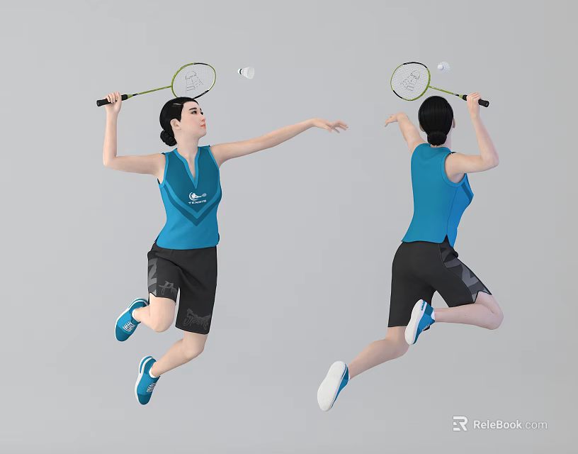 Woman Playing Badminton Jumping With Racket And Shuttlecock In Blue Tank Top And Black Shorts 3d model 