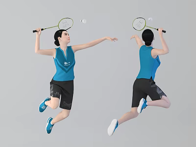 Woman Playing Badminton Jumping With Racket And Shuttlecock In Blue Tank Top And Black Shorts 3d model