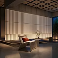 Elegant Modern Lounge Area Featuring Wooden Partitions Floor-to-Ceiling Windows Green Plants Sofa And Tables Chairs